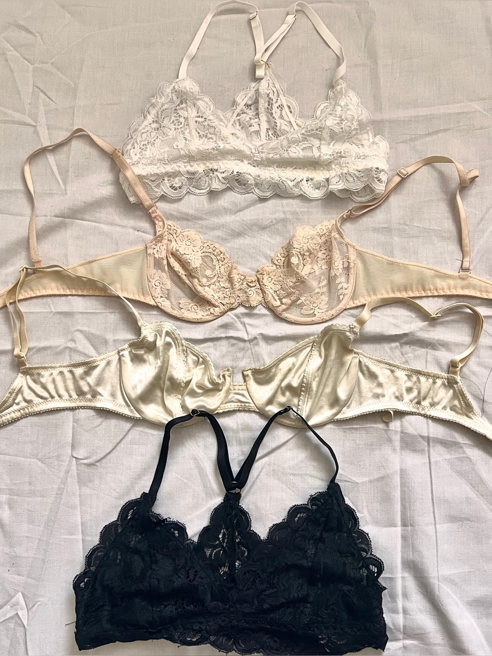 4 Bundles VS Lace & Satin Underwire Bralette Set — White, Nude, Ivory, Blk